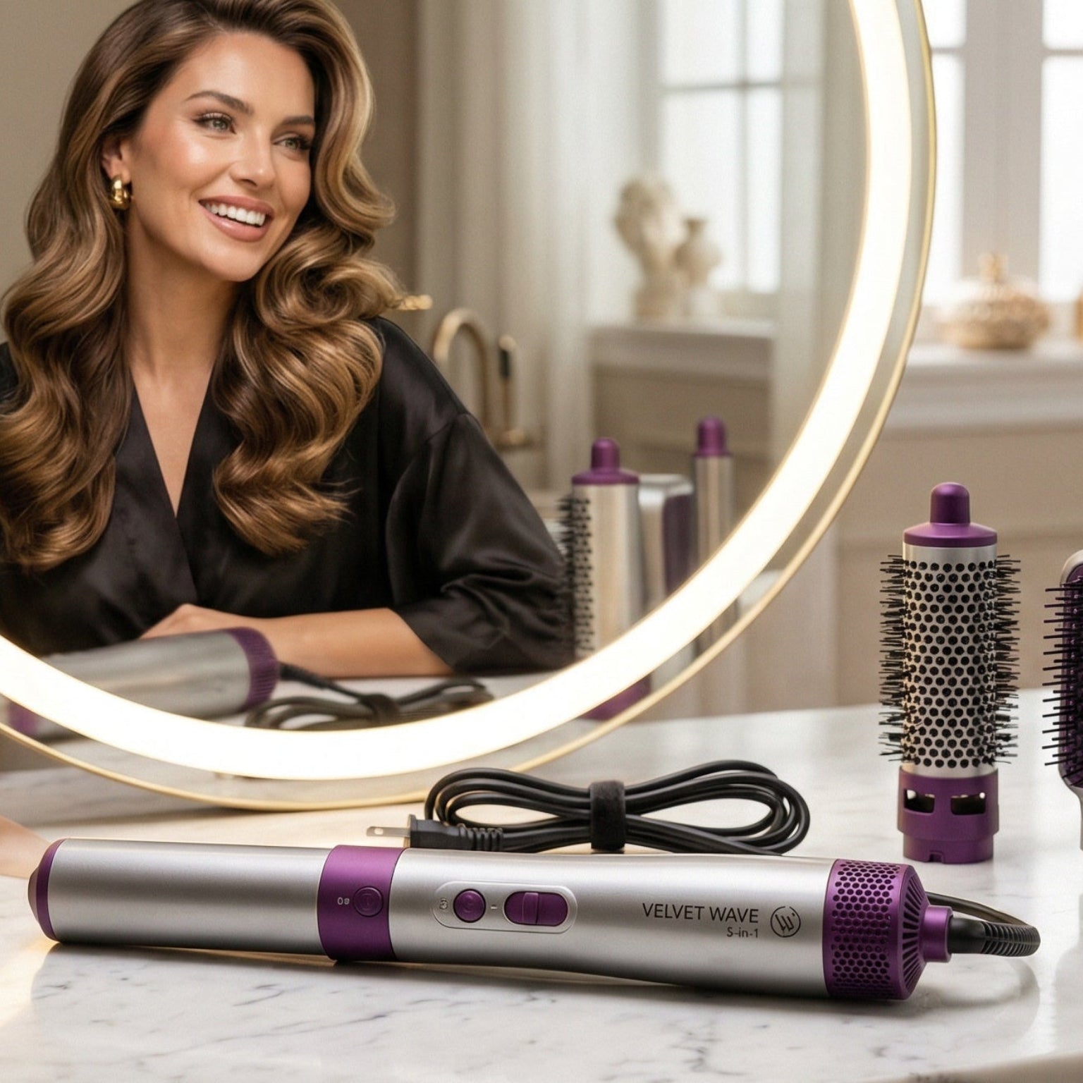 Woman styling her hair with a hair styling tool on a marble counter, surrounded by beauty products.